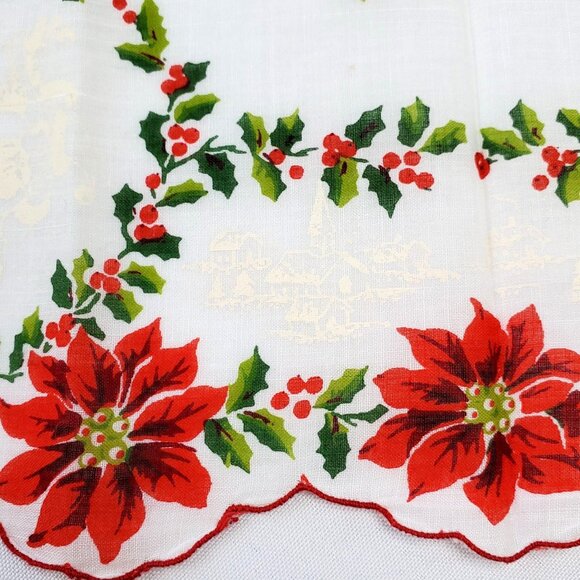 Vintage Christmas Poinsettia & Holly Handkerchief 13"x13" Square Cotton - Picture 5 of 9